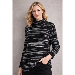 Talbots Wool Blend Abstract Knit Sweater Women L Black White Mock Neck